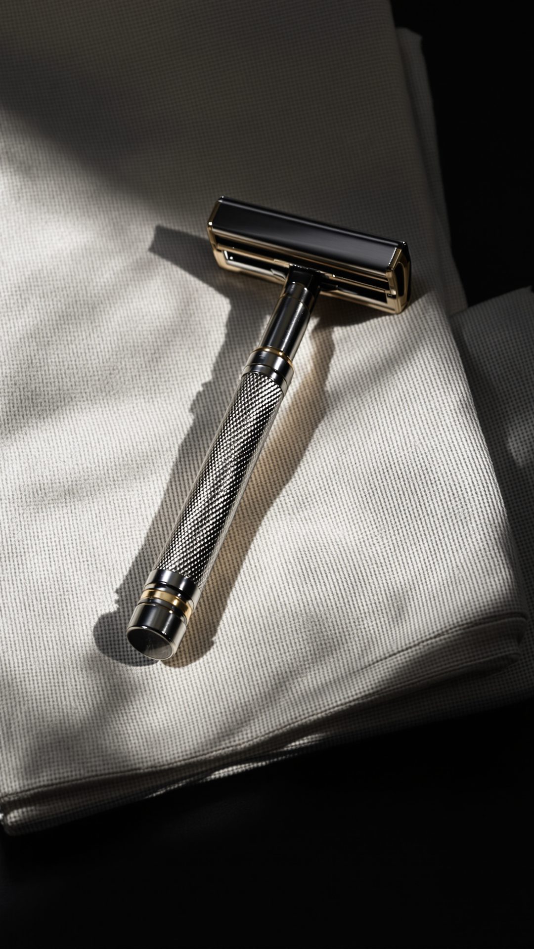 A safety razor on folded linen in raking light.